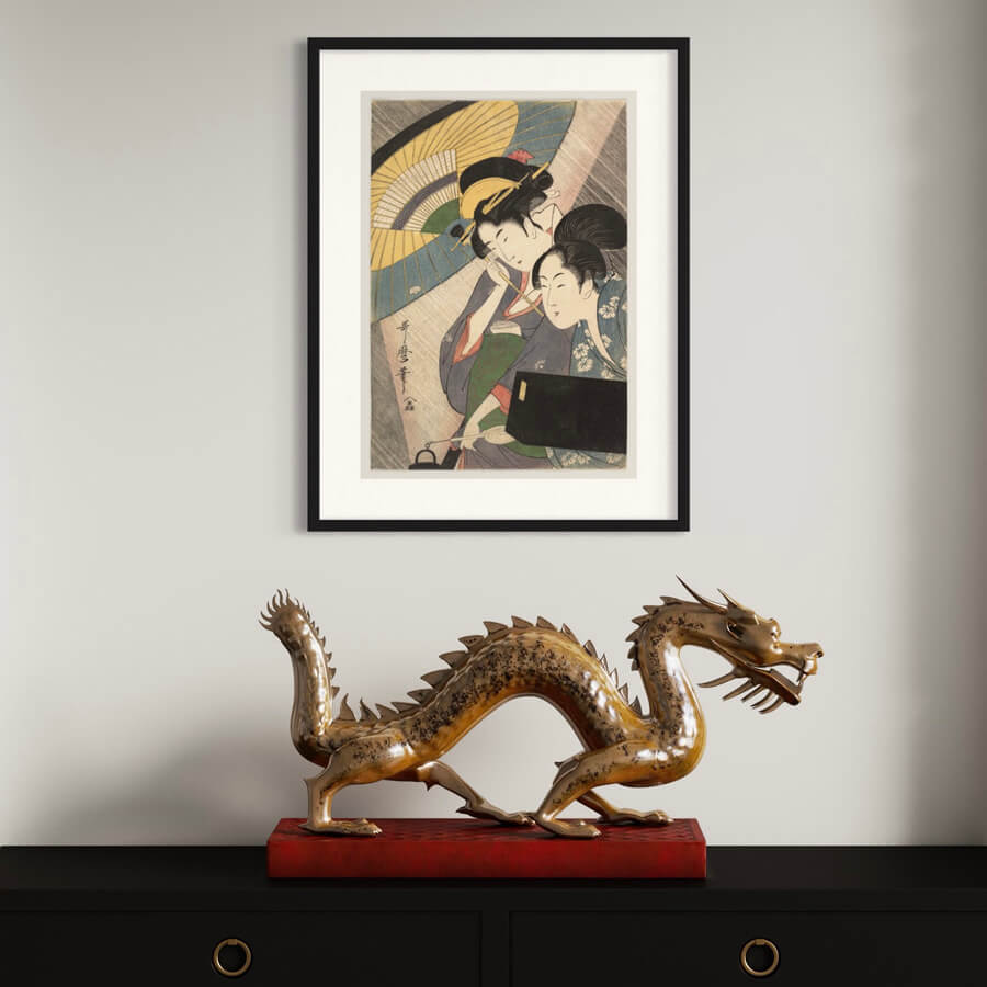 Geisha and companion on a rainy evening