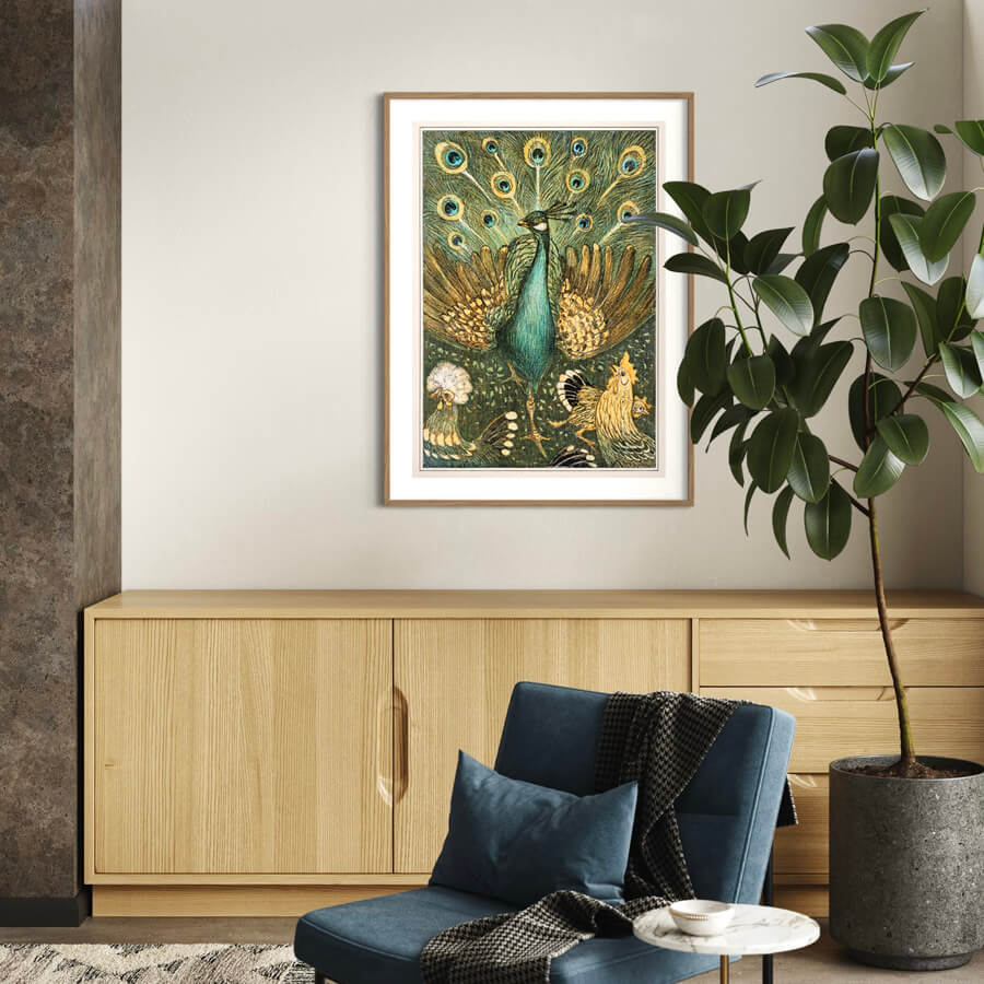 Peacock with chickens