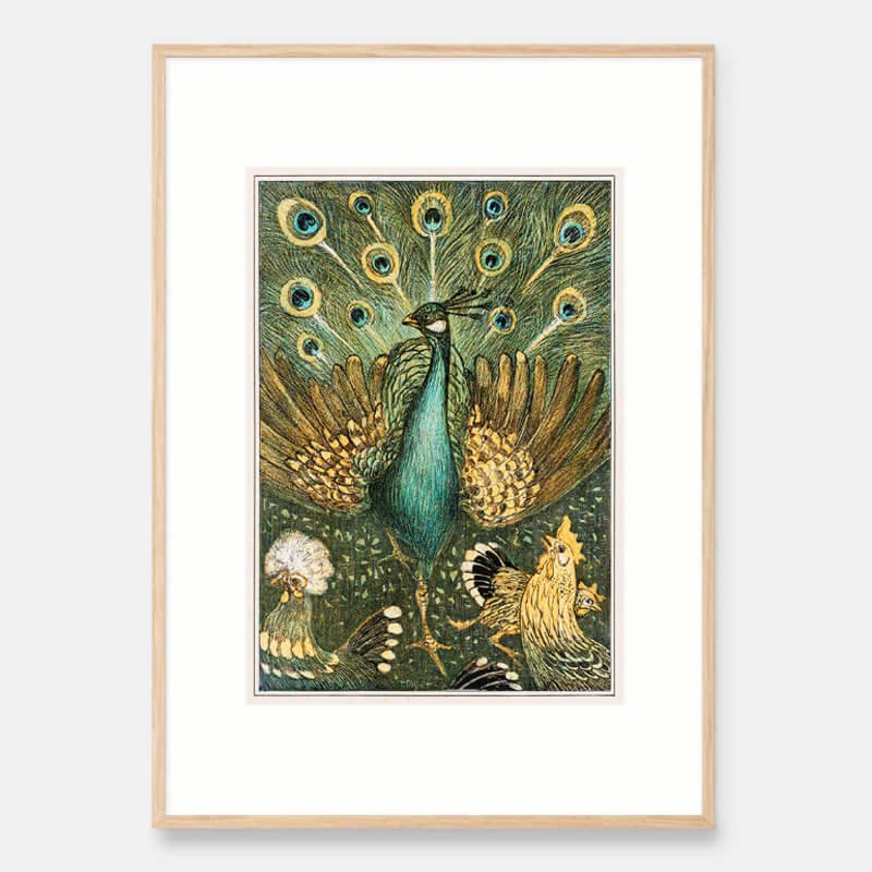 Peacock with chickens