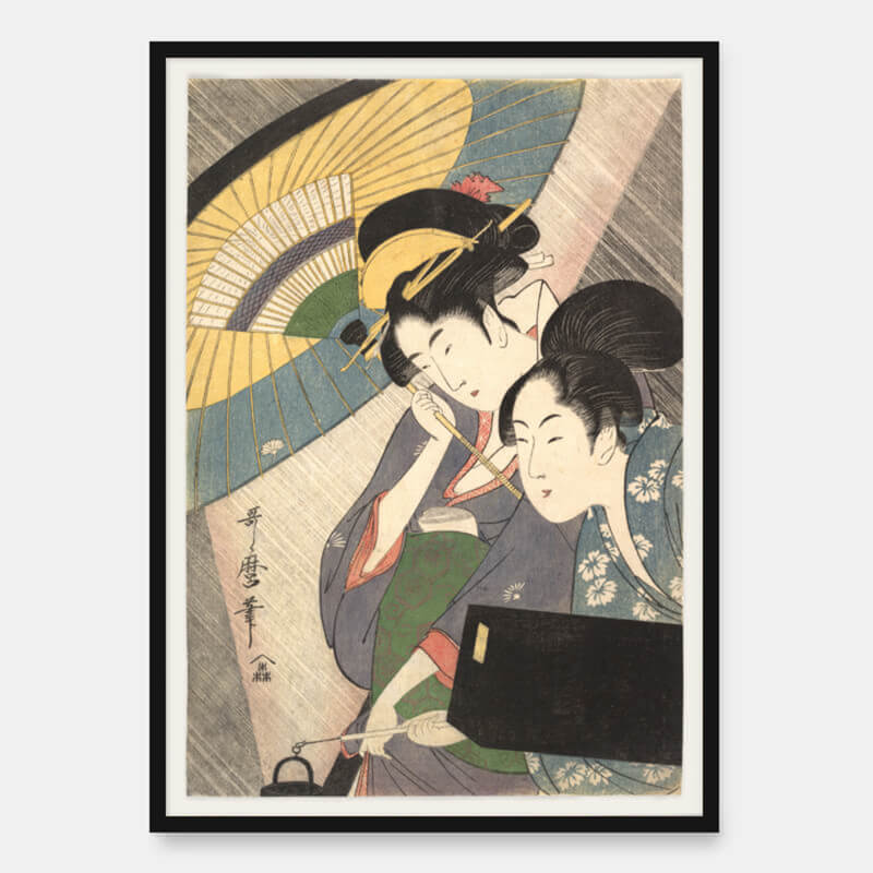 Geisha and companion on a rainy evening