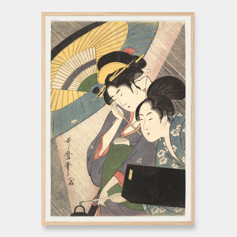 Geisha and companion on a rainy evening