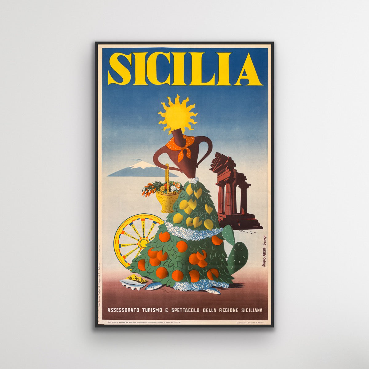 1950 Wood Frame Vintage Poster ポスター Sicily poster 1950 – original Italian lithograph | PlakatKunst