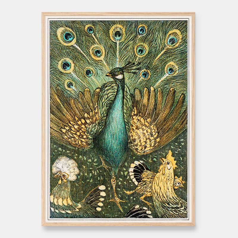 Peacock with chickens